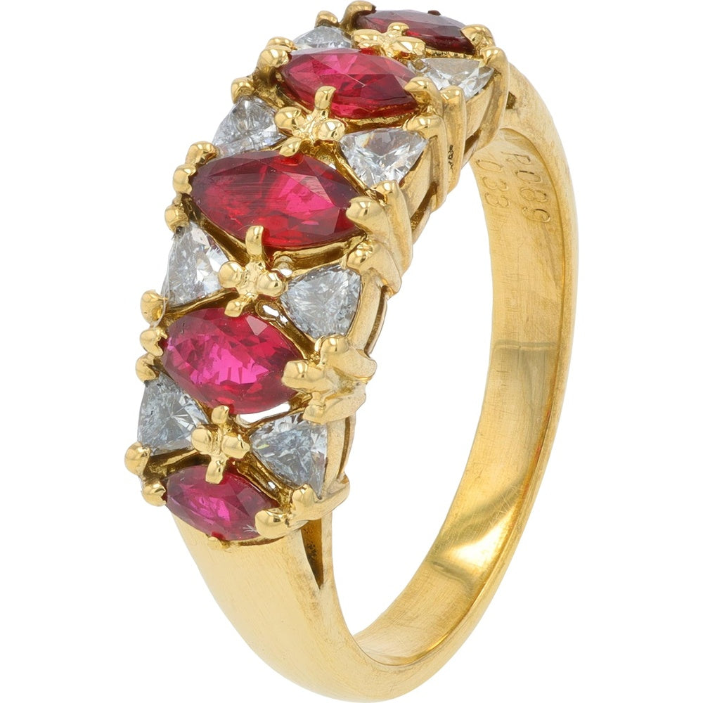 18K Yellow Gold Band Ring with Rubies and Trillion Diamond Accents - 0.89 Carat Total Ruby Weight and 0.33 Carat Total Diamond Weight