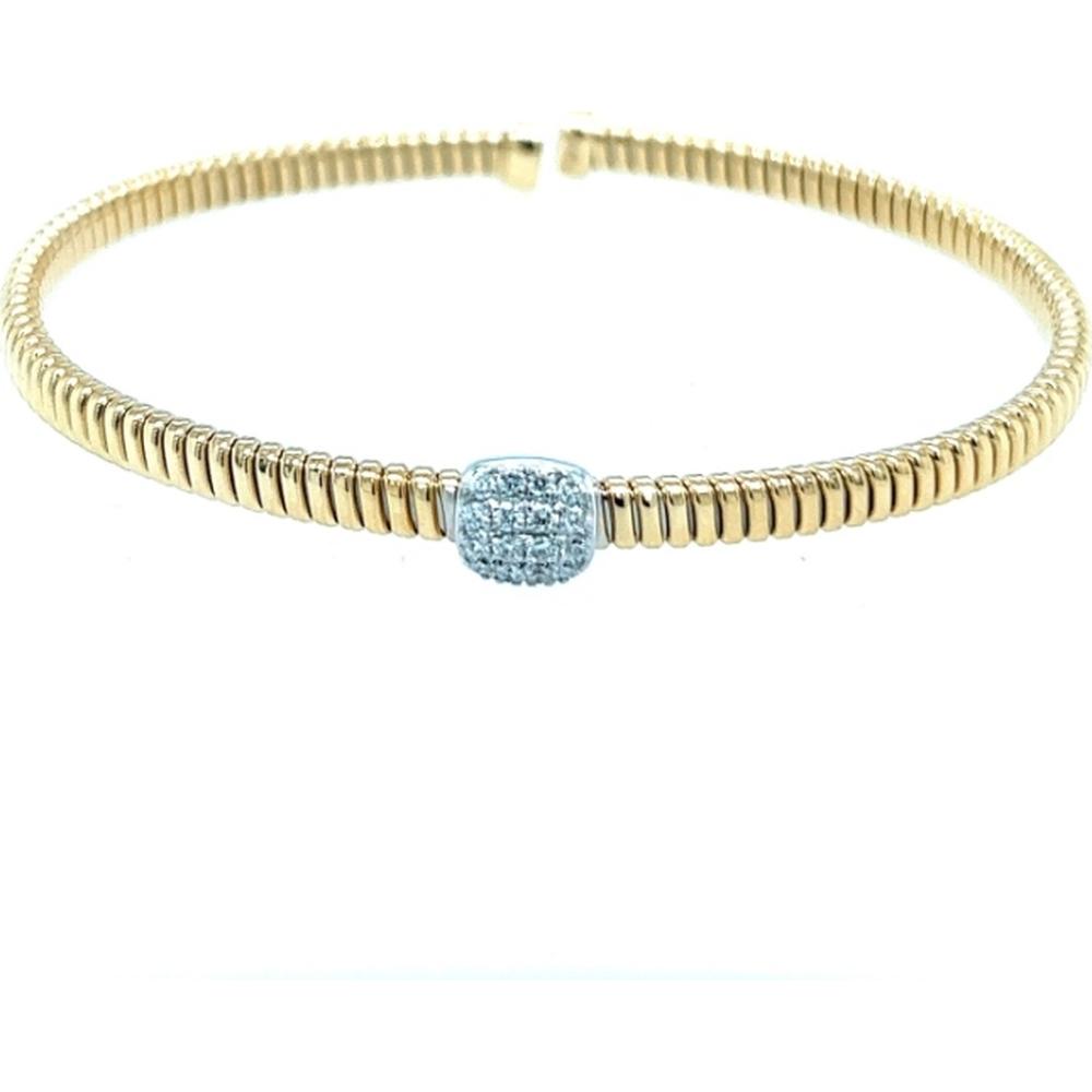 18K Yellow Gold Bangle with White Gold Cushion Motif and Diamond Center by Afarin