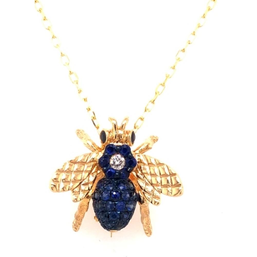 18K Yellow Gold Bee Pendant Necklace with Blue Sapphires and Diamond Accent by Afarin
