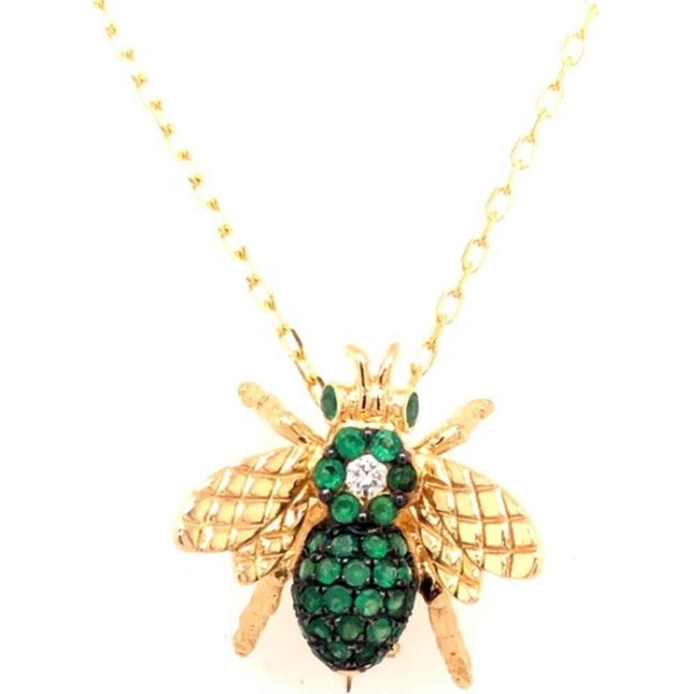 18K Yellow Gold Bee Pendant Necklace with Emeralds and Diamond Accent by Afarin