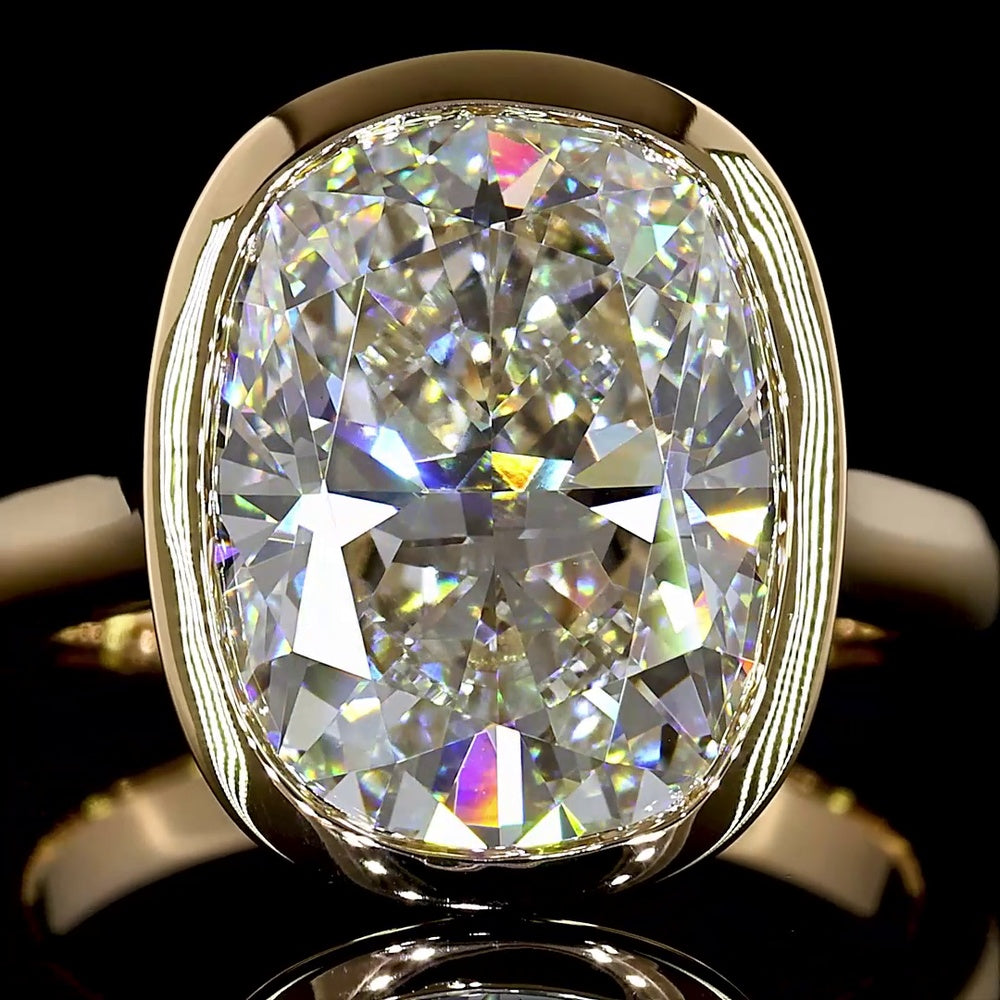 18K Yellow Gold Bezel Set Cushion Brilliant Cut Lab Diamond Solitaire Ring - 5.16 Carat Total Diamond Weight - Covaloro Fine Jewelry