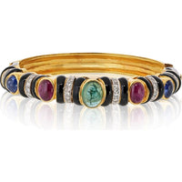 18K Yellow Gold Black Enamel Bangle with Cabochon Emerald, Ruby, Sapphire & 0.80 Carat Diamond Accents by David Webb