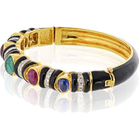 18K Yellow Gold Black Enamel Bangle with Cabochon Emerald, Ruby, Sapphire & 0.80 Carat Diamond Accents by David Webb