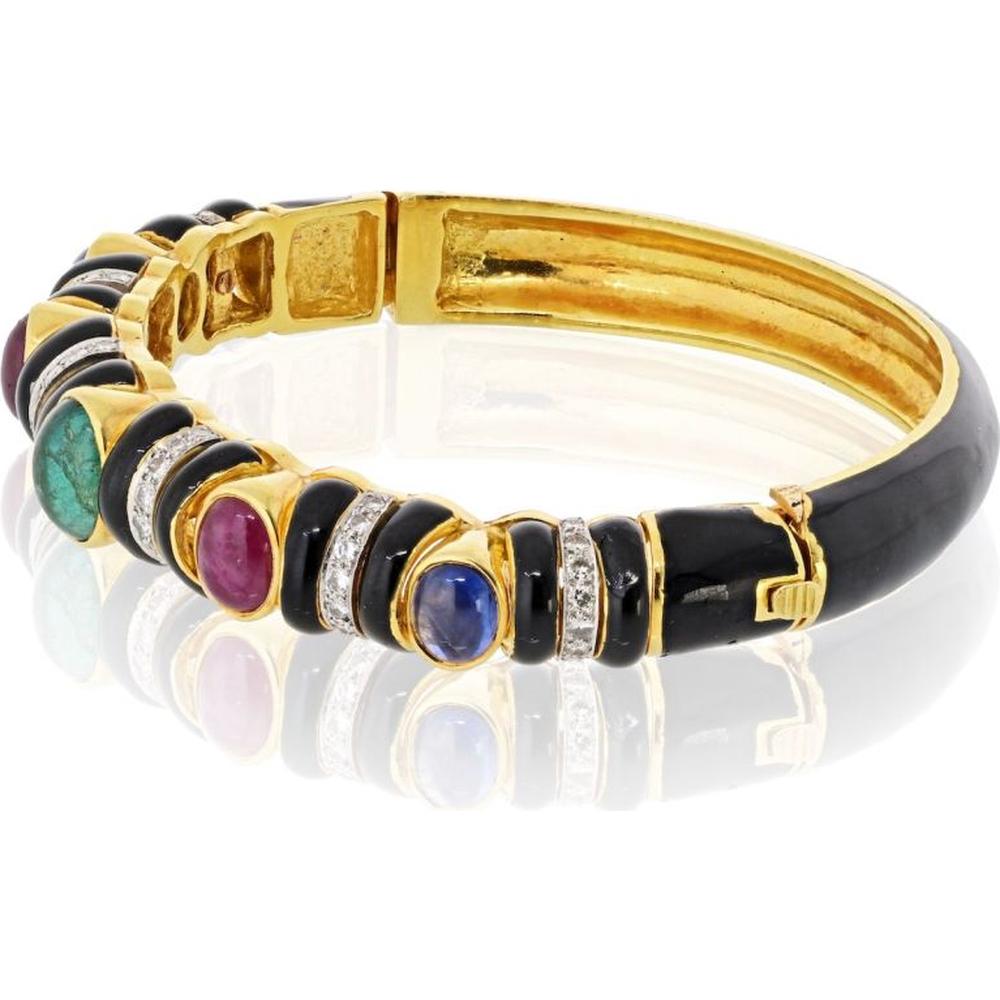 18K Yellow Gold Black Enamel Bangle with Cabochon Emerald, Ruby, Sapphire & 0.80 Carat Diamond Accents by David Webb