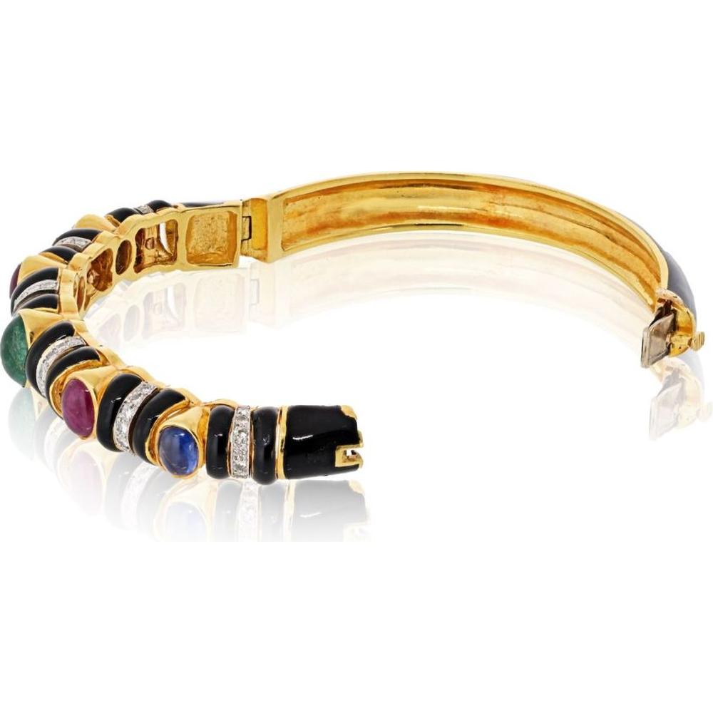 18K Yellow Gold Black Enamel Bangle with Cabochon Emerald, Ruby, Sapphire & 0.80 Carat Diamond Accents by David Webb
