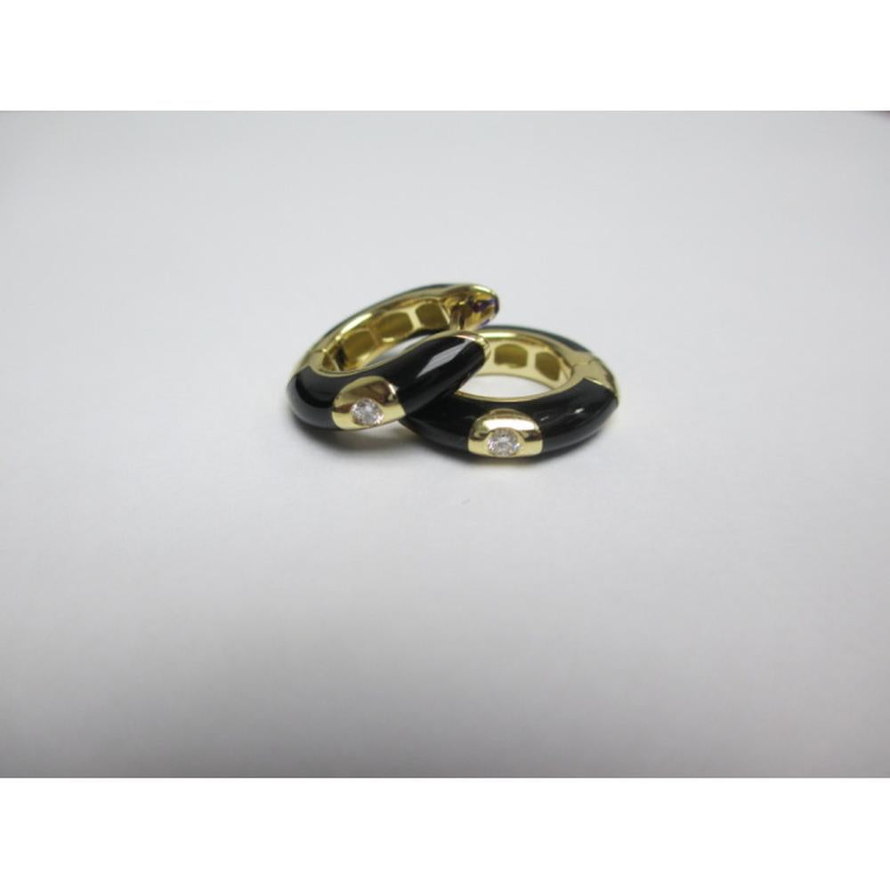 18K Yellow Gold Black Enamel Huggie Earrings with Round Diamond Accents by Afarin