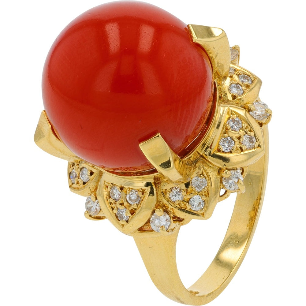 18K Yellow Gold Botanical Coral Ring with Pave Set Round Diamonds - 12.7mm Coral and 0.12 Carat Total Diamond Weight