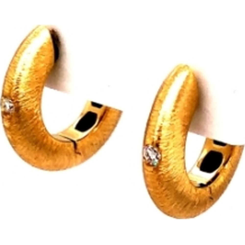 18K Yellow Gold Brushed Huggie Earrings with Round Diamond Accents by Afarin