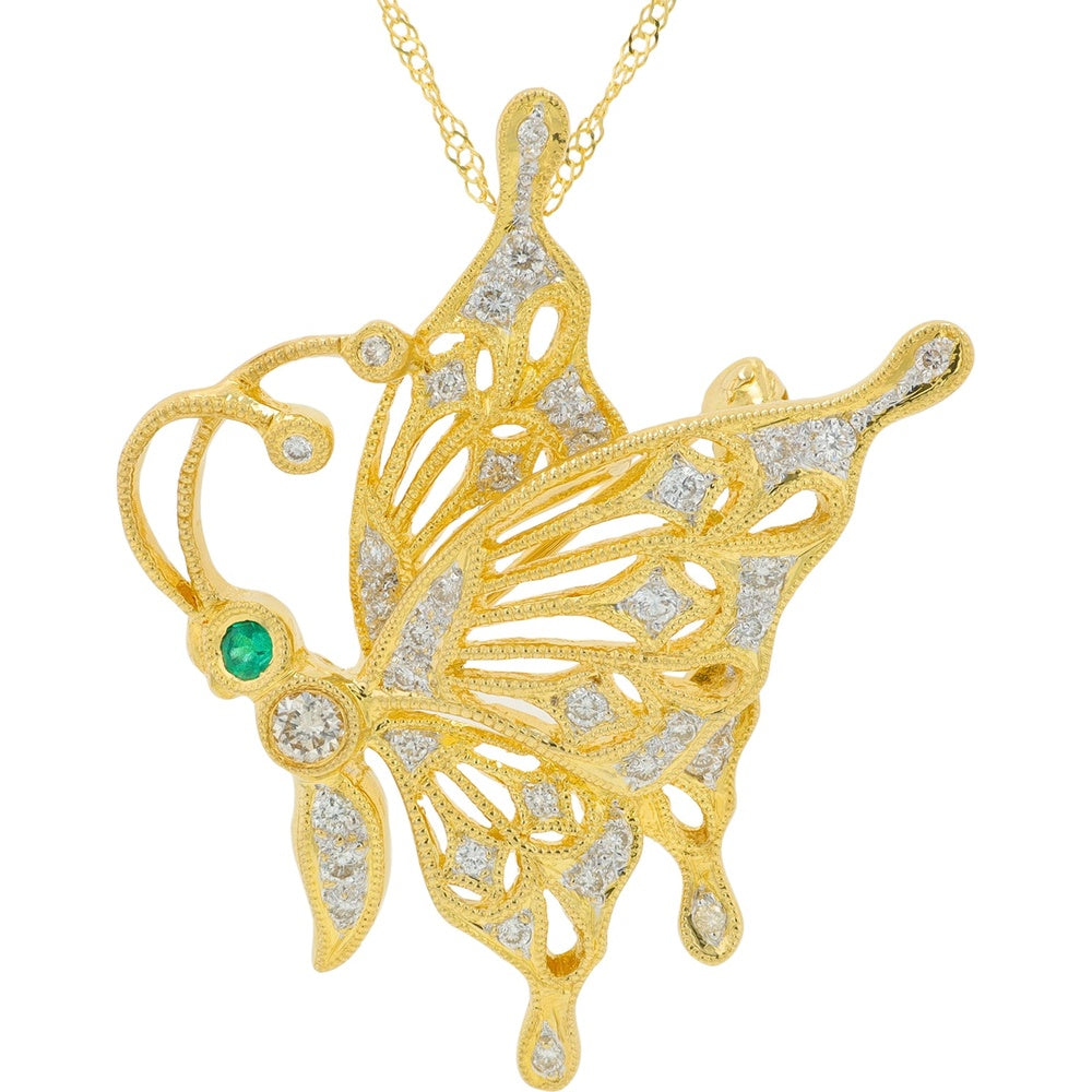 18K Yellow Gold Butterfly Pendant Brooch with Milgrain Wings, Round Diamond Accents (0.38 Carat Total) and Vivid Emerald Center (0.04 Carat)