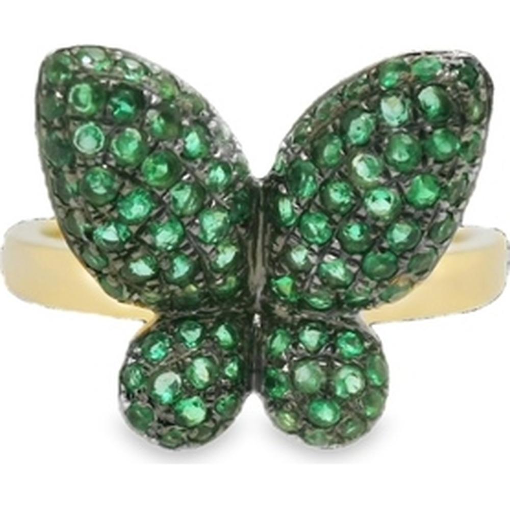 18K Yellow Gold Butterfly Ring with Round Emeralds by Afarin