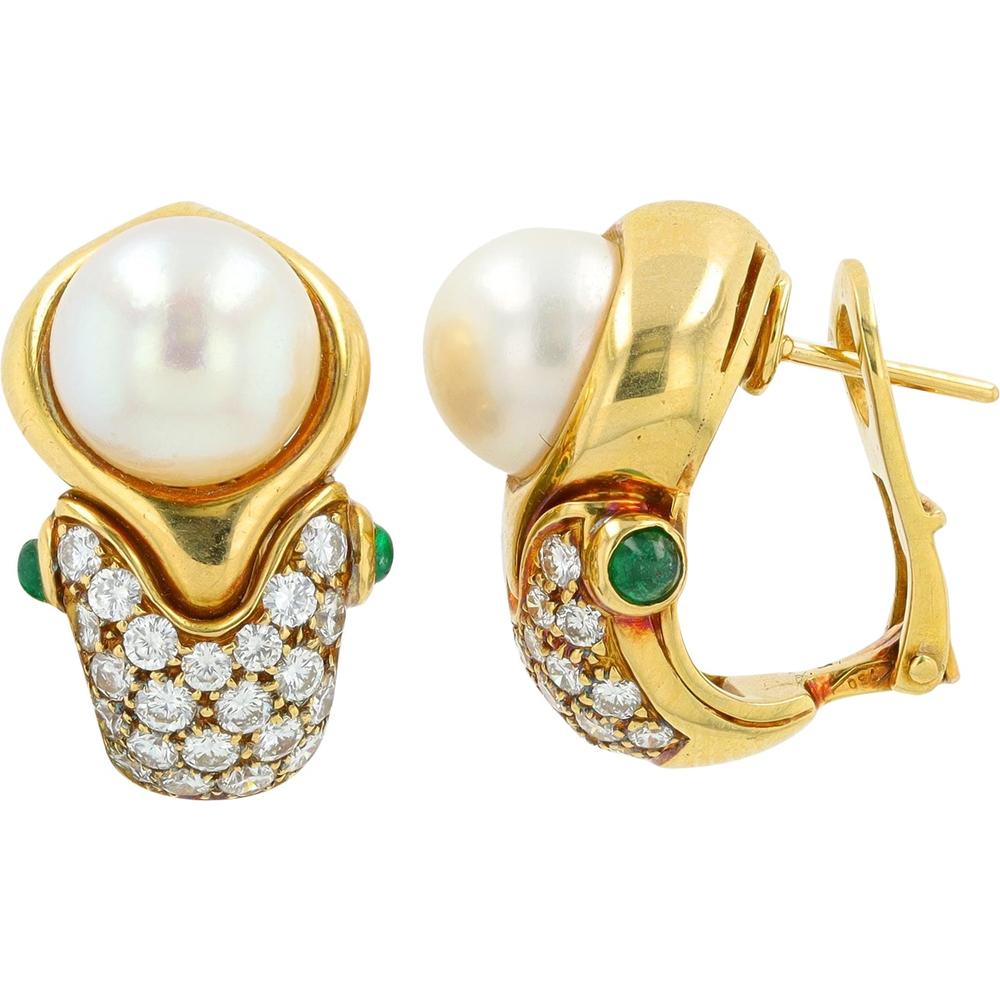 18K Yellow Gold BVLGARI 9mm Pearl Earrings with Diamond and Emerald Accents - 1.10 Carats Diamond Weight, 0.36 Carats Emerald Weight