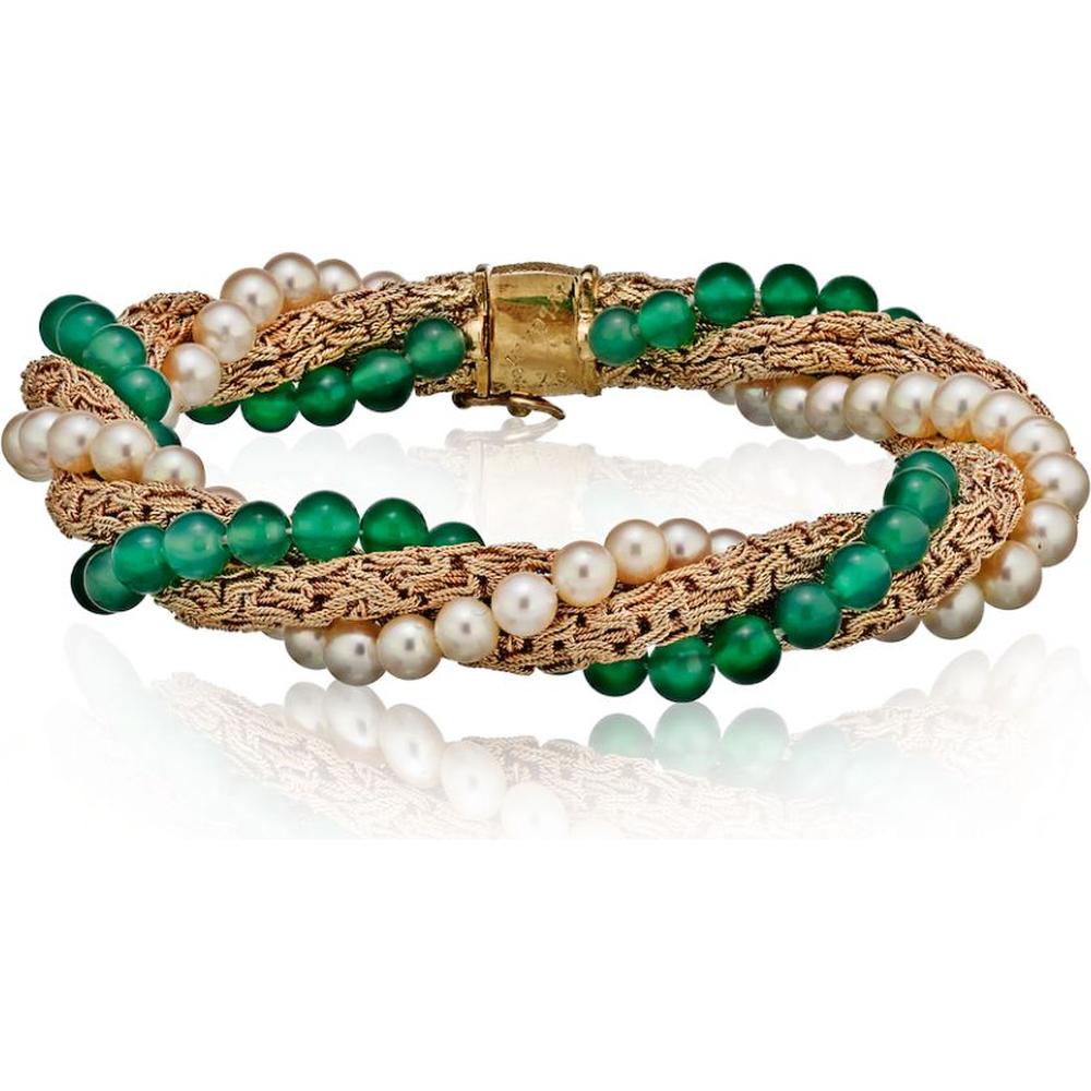 18K Yellow Gold Bvlgari Chrysoprase & Pearl Torsade Bracelet - 51.7 Grams