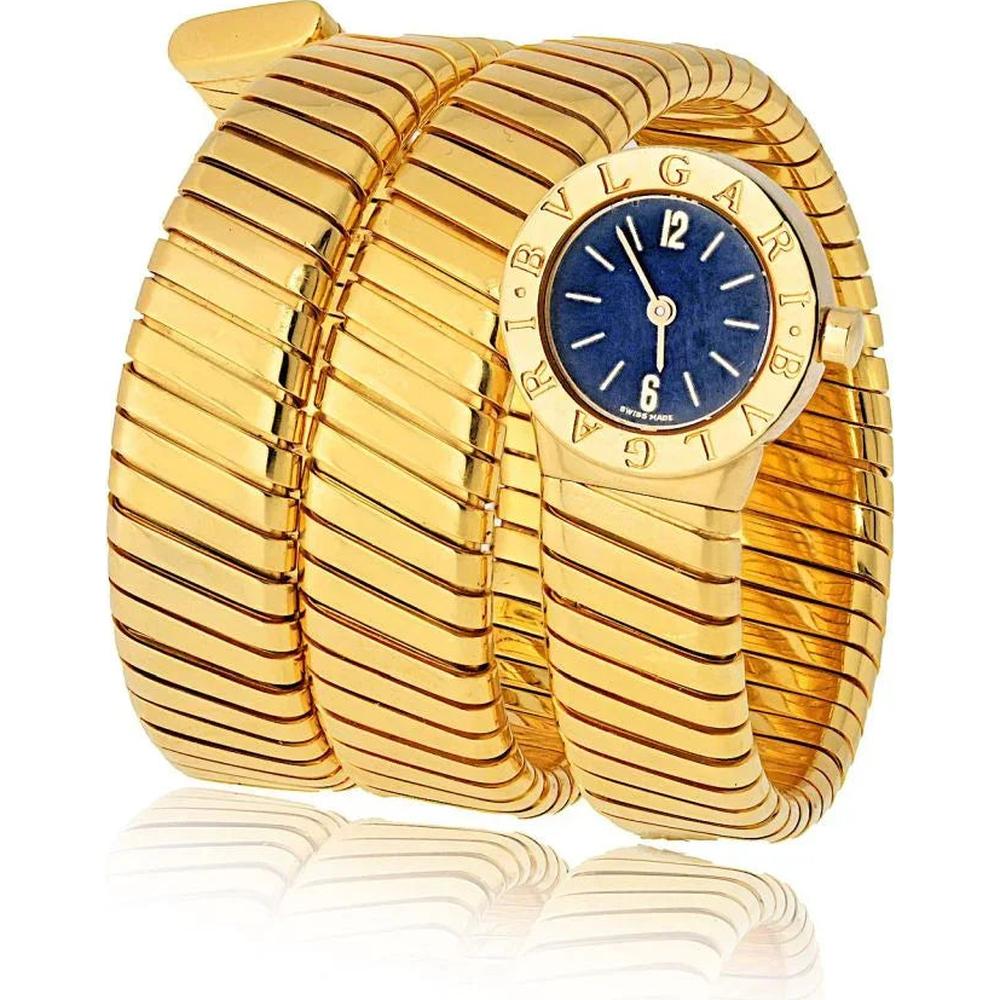18K Yellow Gold Bvlgari Serpenti Vintage Wrap Watch with Black Dial - 138.3 Gram Coiled Bracelet Design