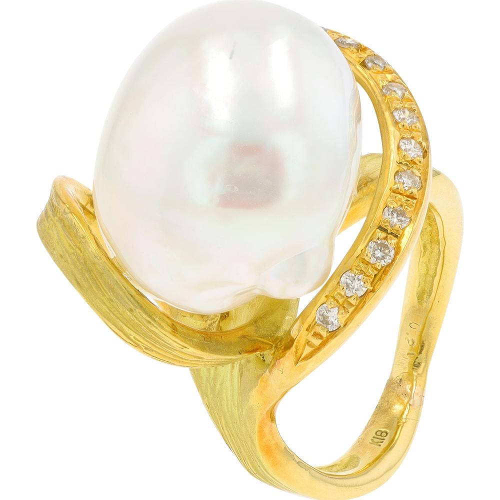 18K Yellow Gold Bypass Ring with 14 - 16.6mm Pearl and 0.20 Carat Diamond Accents