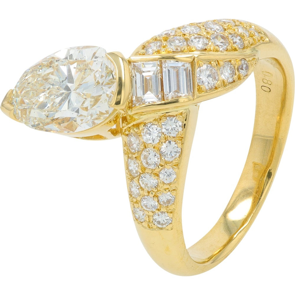 18K Yellow Gold Bypass Ring with 2.11 Carat Pear Cut Diamond and 0.80 Carat Pavé Round and Baguette Diamonds - 2.91 Carat Total Diamond Weight