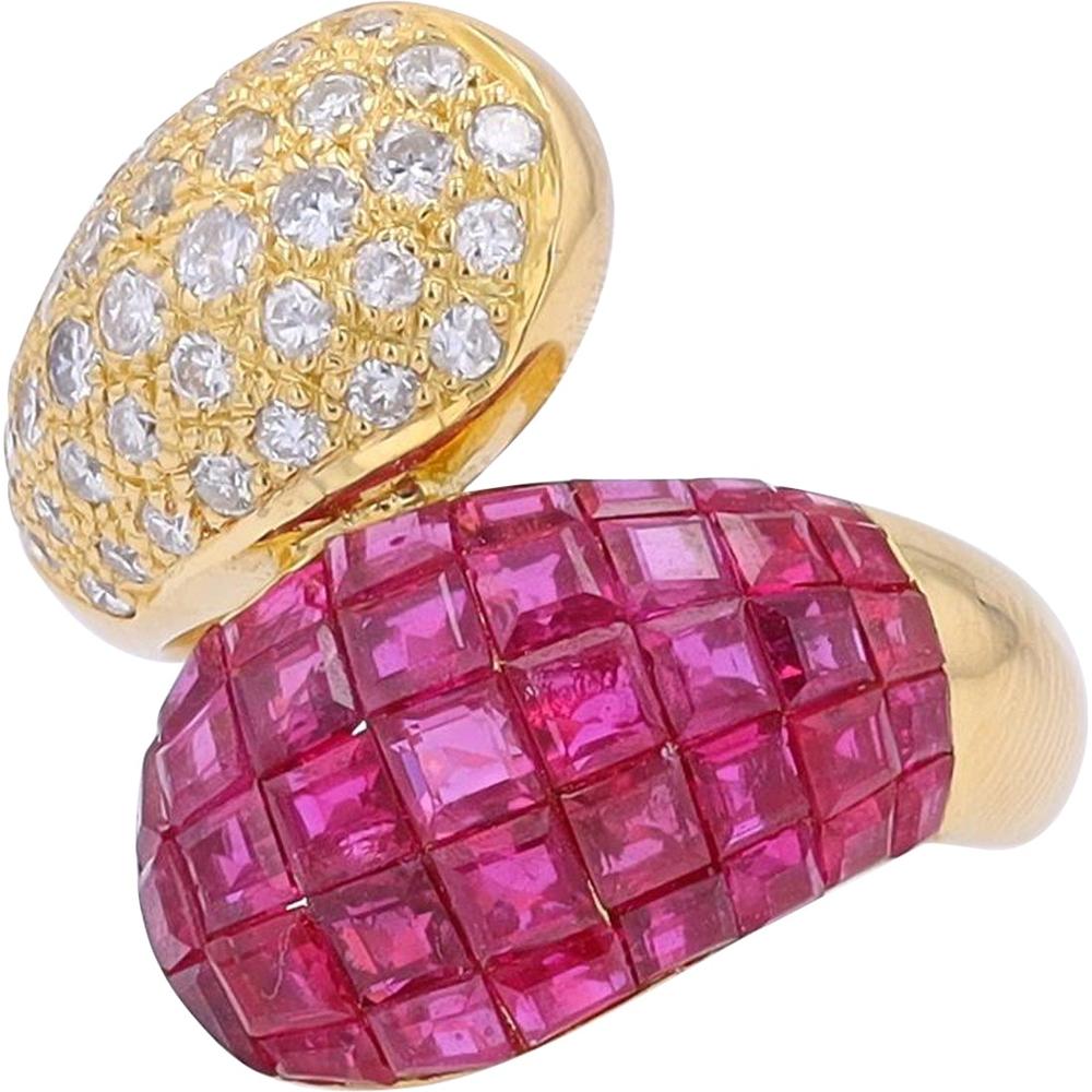 18K Yellow Gold Bypass Ring with 4.55 Carat Invisible-Set Rubies and 0.75 Carat Pave Diamonds