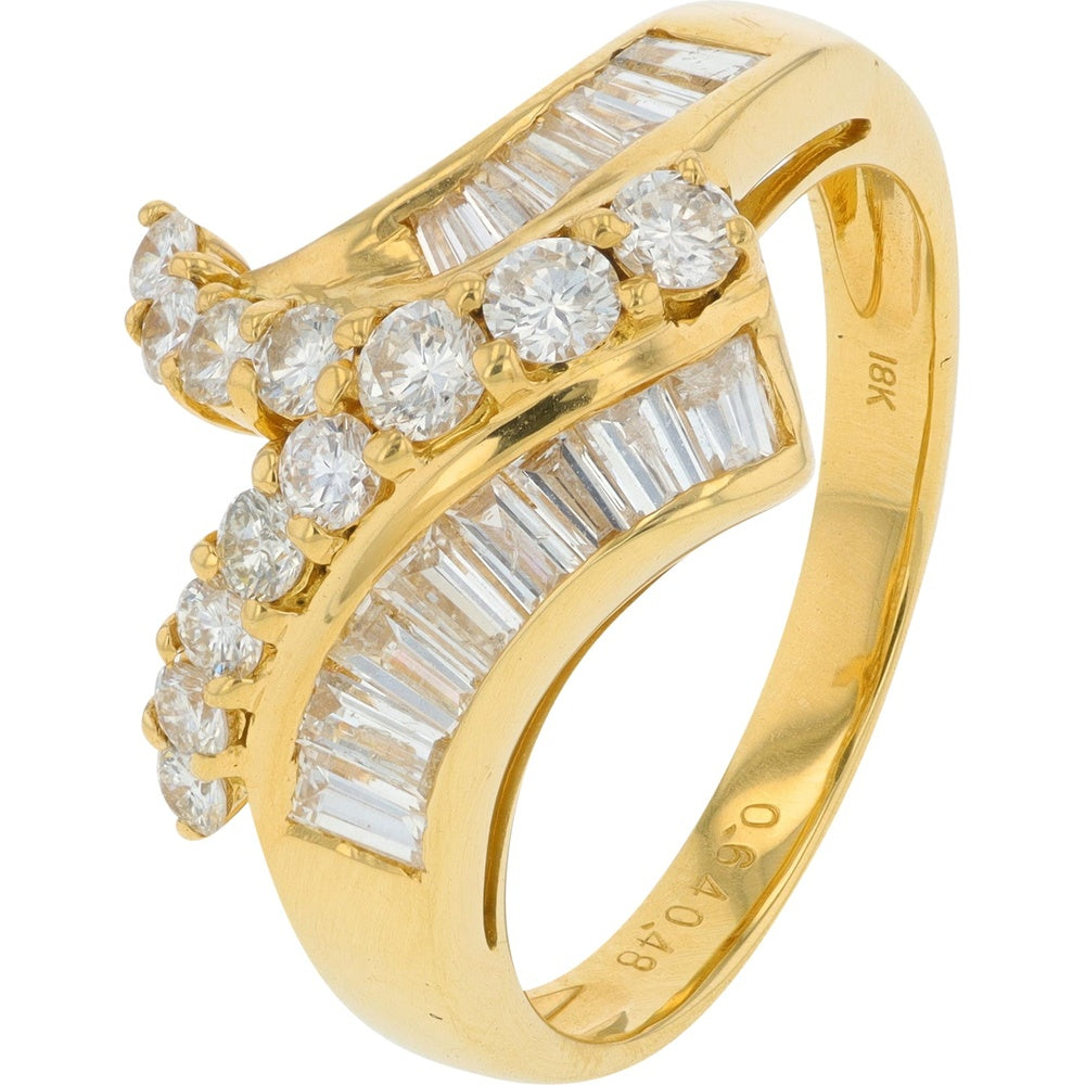 18K Yellow Gold Bypass Ring with Channel-Set Baguette and Prong-Set Round Diamonds - 1.12 Carat Total Diamond Weight
