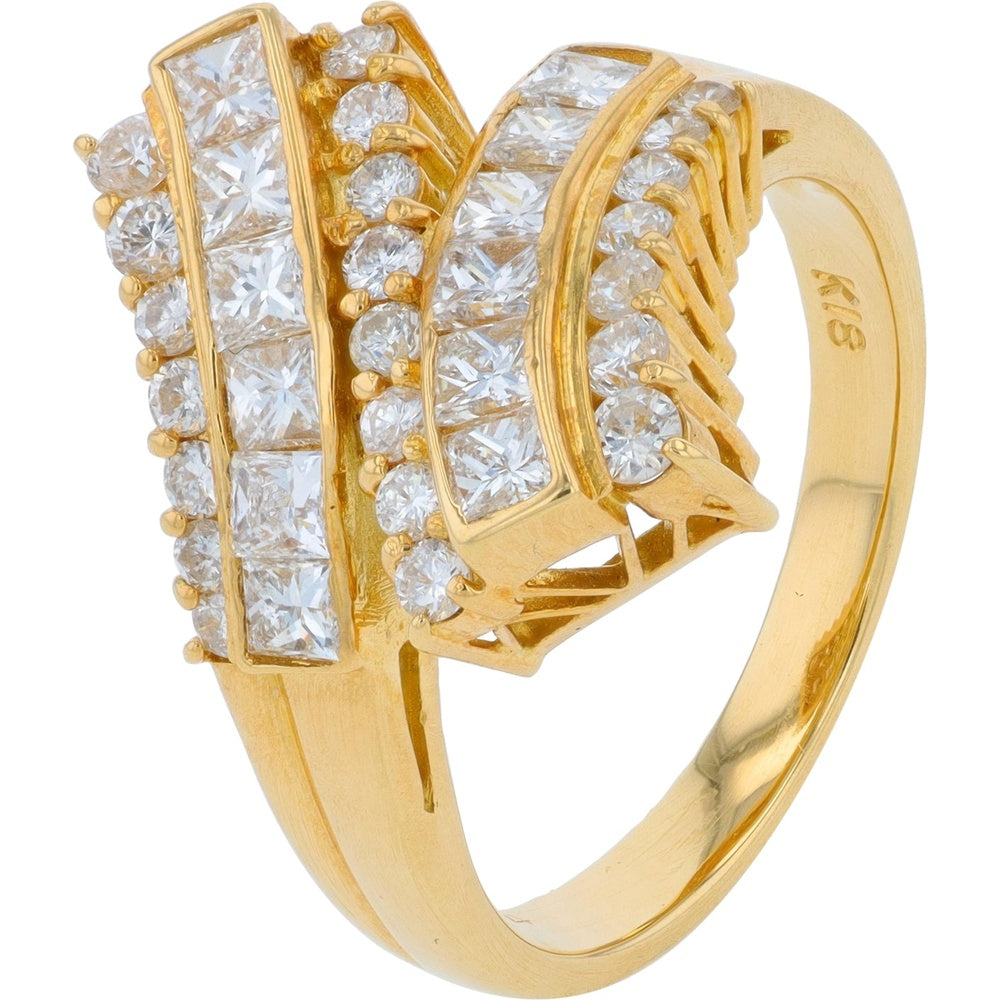 18K Yellow Gold Bypass Ring with Channel-Set Princess and Prong-Set Round Diamonds - 1.174 Carat Total Diamond Weight
