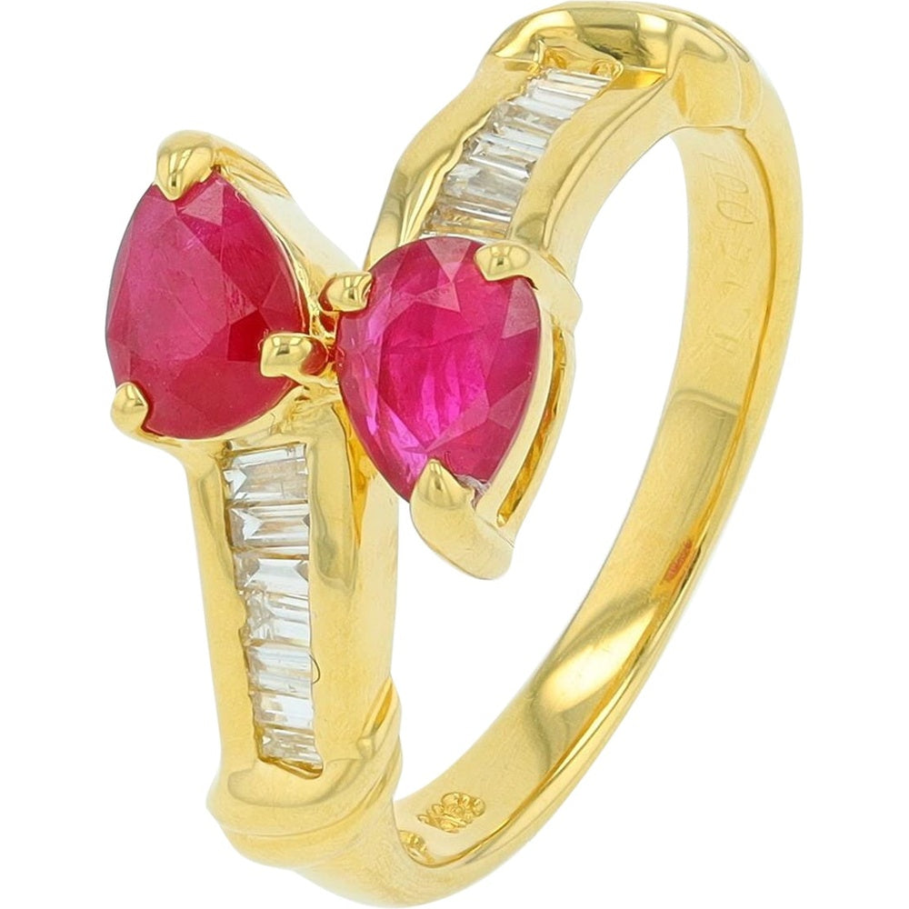 18K Yellow Gold Bypass Ring with Prong-Set Rubies and Channel-Set Baguette Diamonds - 1.00 Carat Total Ruby Weight and 0.25 Carat Total Diamond Weight