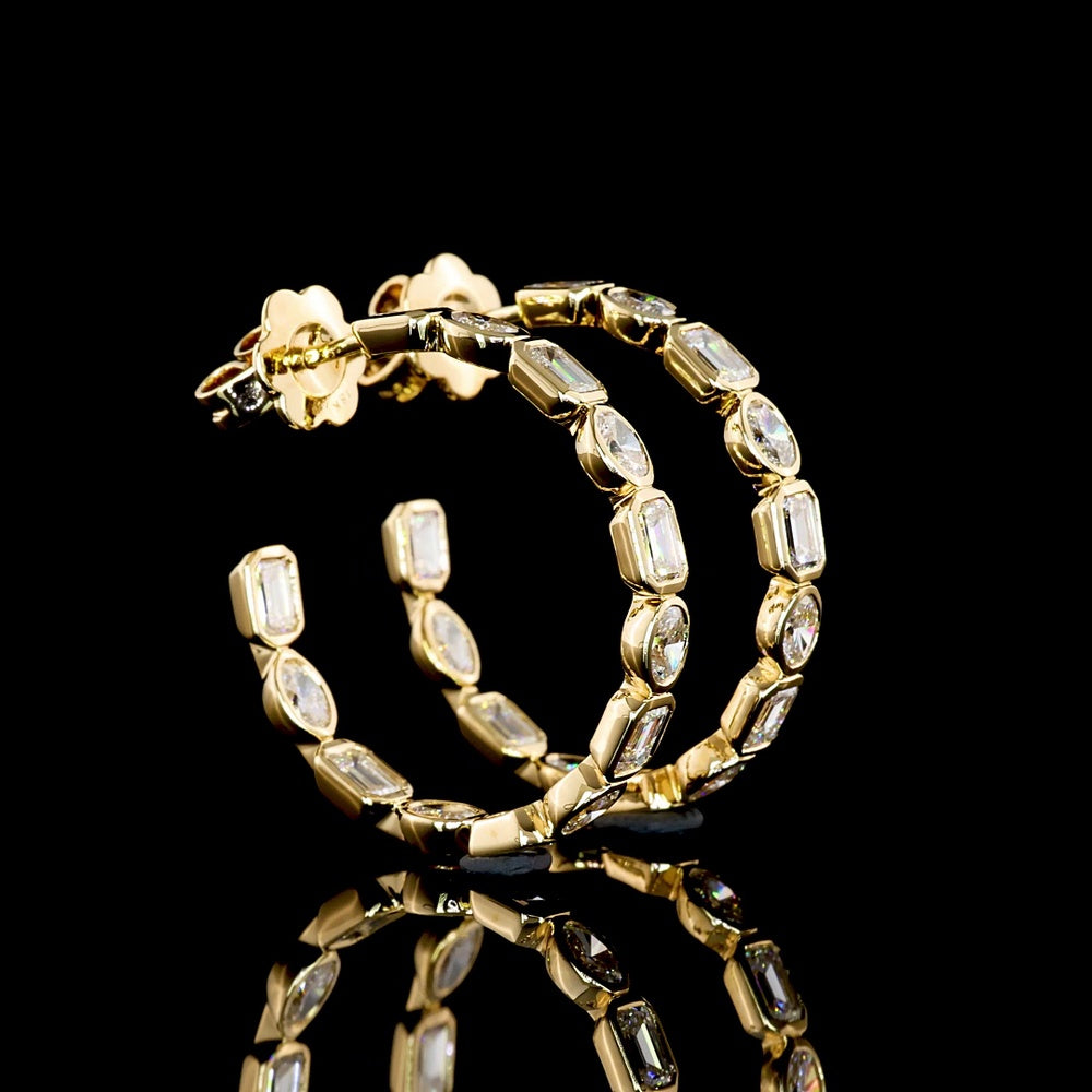18K Yellow Gold C-Hoop Earrings with Alternating Bezel-Set Emerald Cut and Oval Cut Lab Diamonds - 3.83 Carat Total Diamond Weight - Covaloro Fine Jewelry