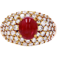 18K Yellow Gold Cabochon Ruby Ring with 1.17 Carat Total Round Diamond Halo - 2.29 Carat Ruby Center