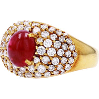 18K Yellow Gold Cabochon Ruby Ring with 1.17 Carat Total Round Diamond Halo - 2.29 Carat Ruby Center