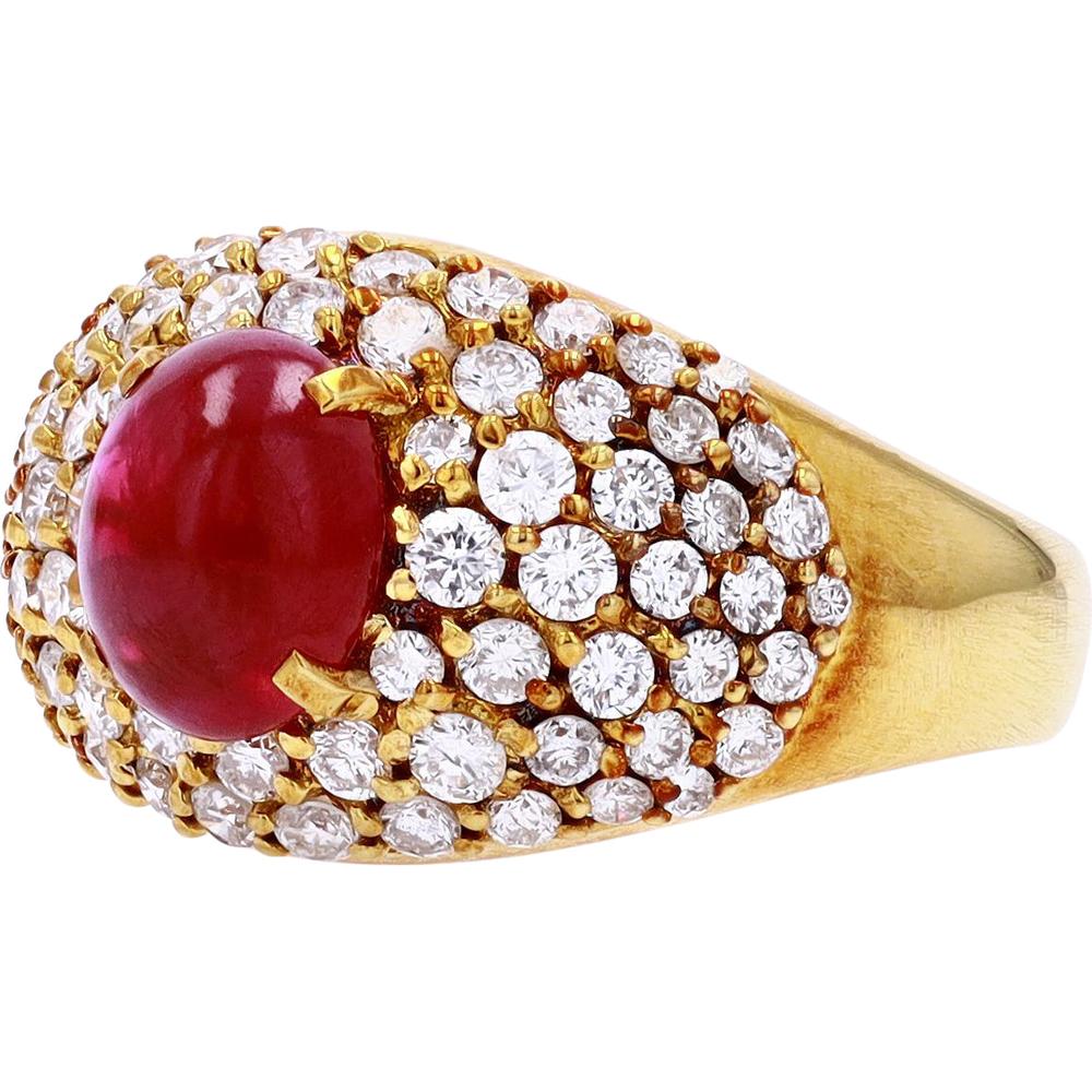 18K Yellow Gold Cabochon Ruby Ring with 1.17 Carat Total Round Diamond Halo - 2.29 Carat Ruby Center