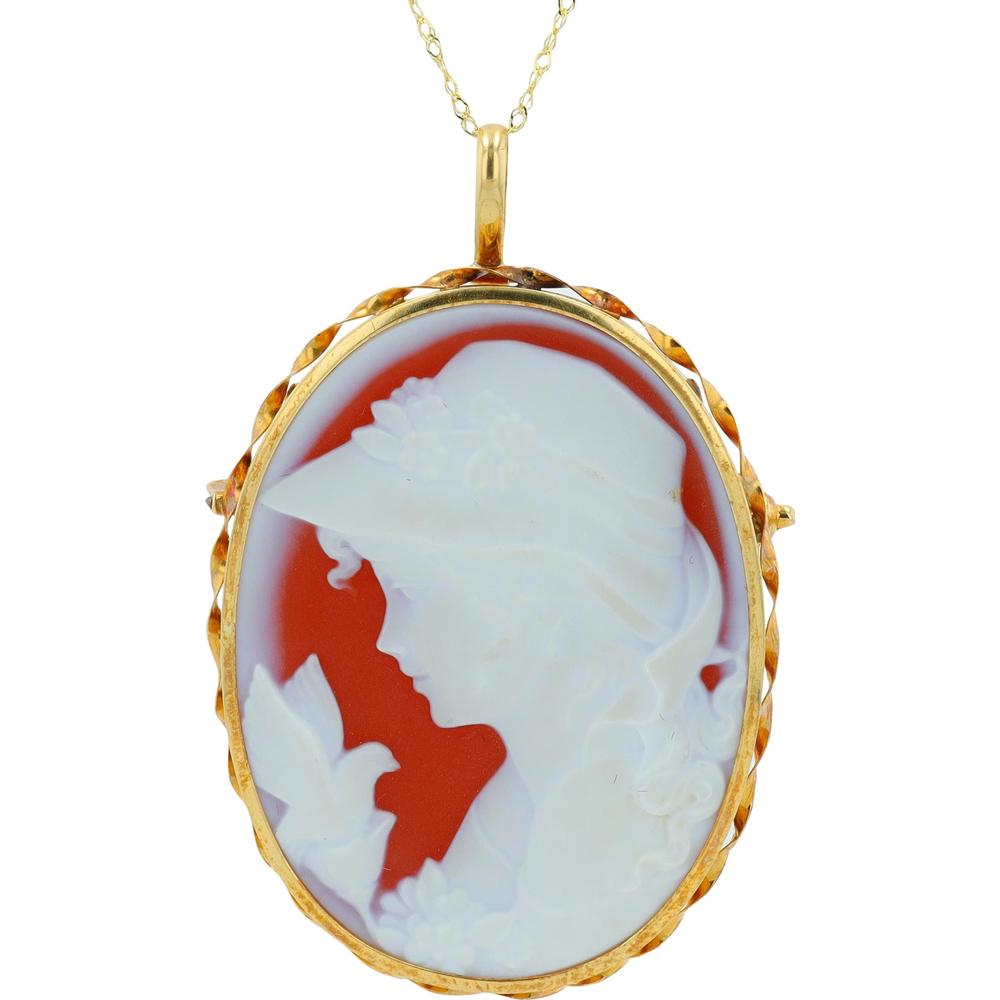 18K Yellow Gold Cameo Brooch Pendant with Carved Woman Profile - Vintage Red Background