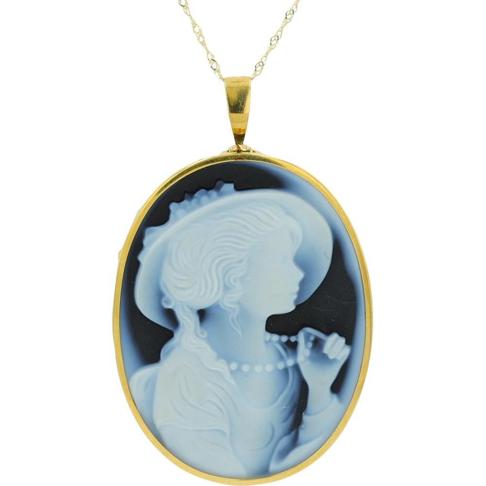18K Yellow Gold Cameo Pendant with Artistic Lady Carving - 18" Chain
