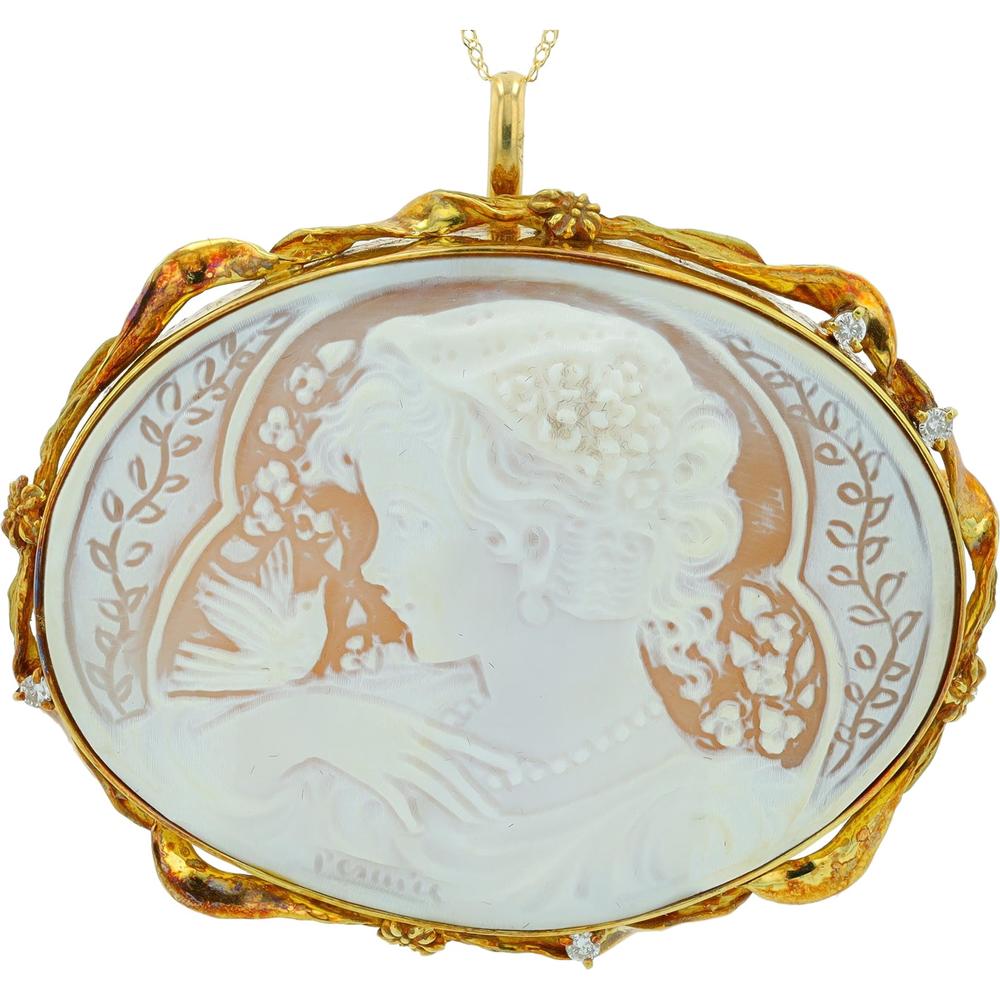18K Yellow Gold Cameo Pendant with Floral and Dove Motif in Shell Carving