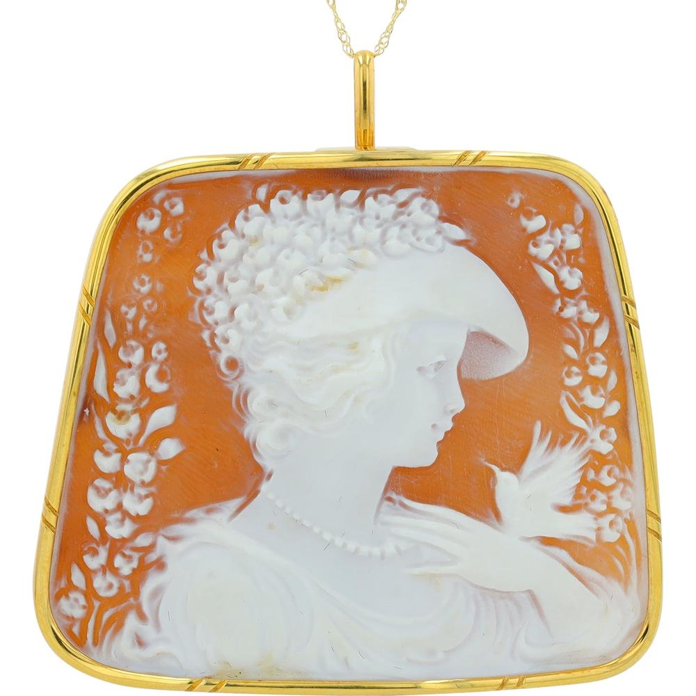 18K Yellow Gold Cameo Pendant with Hand - Carved Lady and Bird - 29.20 Gram Total Weight