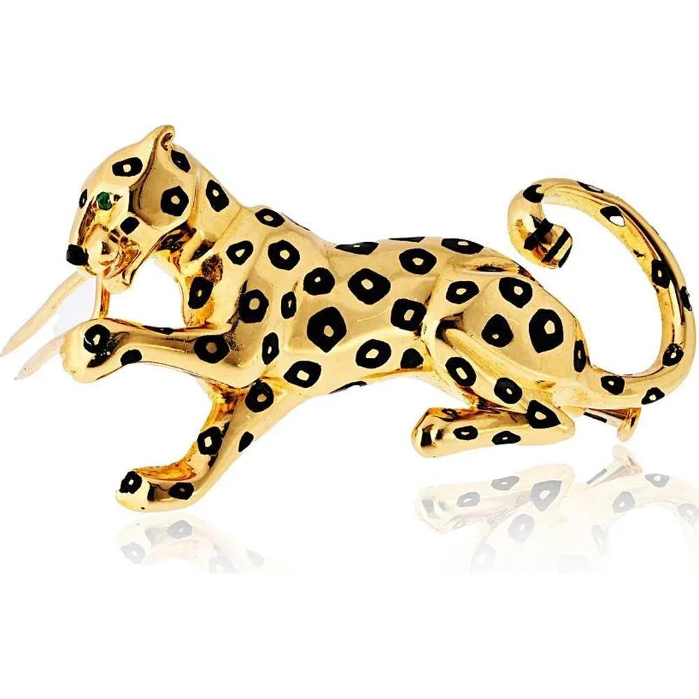 18K Yellow Gold Cartier Panthère Black Enamel Motif Brooch - Signed, 1.75" Design in Excellent Condition