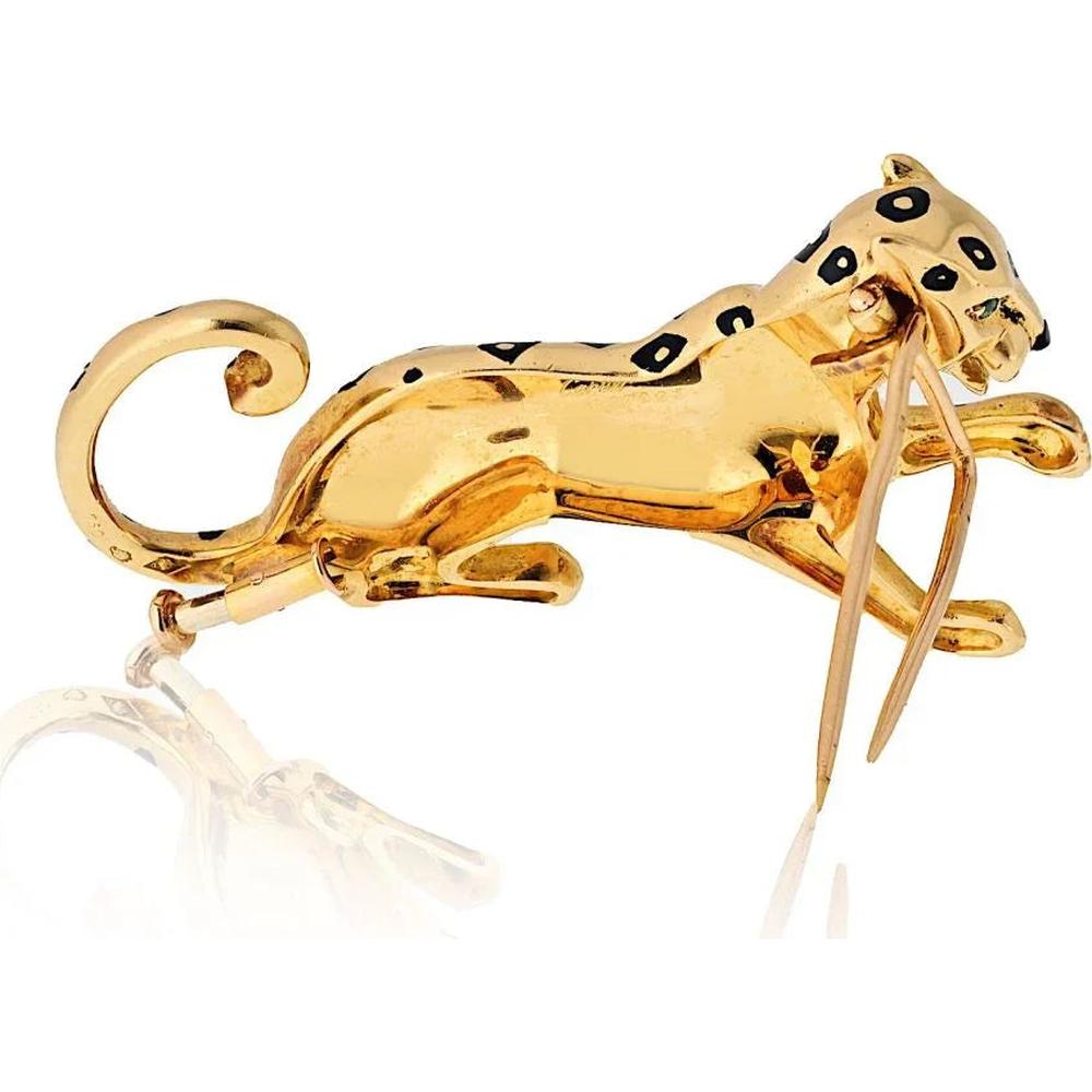 18K Yellow Gold Cartier Panthère Black Enamel Motif Brooch - Signed, 1.75" Design in Excellent Condition