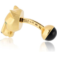 18K Yellow Gold Cartier Panthère Cufflinks with Black Onyx Nose and Green Gemstone Eyes - 20.1 Grams Total Weight