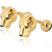18K Yellow Gold Cartier Panthère Cufflinks with Black Onyx Nose and Green Gemstone Eyes - 20.1 Grams Total Weight