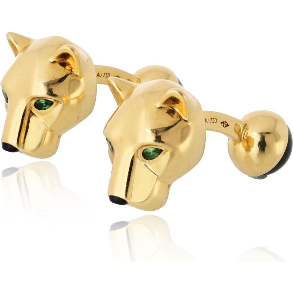 18K Yellow Gold Cartier Panthère Cufflinks with Black Onyx Nose and Green Gemstone Eyes - 20.1 Grams Total Weight