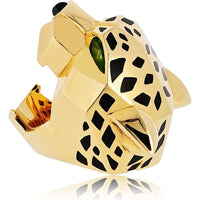 18K Yellow Gold Cartier Panthère Head Ring with Black Lacquer Accent Detailing - 50.9 Grams