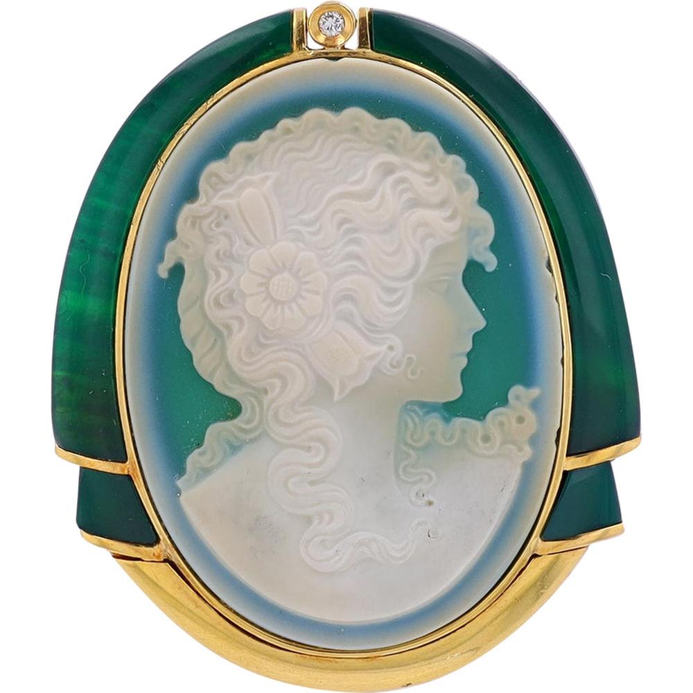 18K Yellow Gold Celestial Cameo Brooch with Diamond Accents