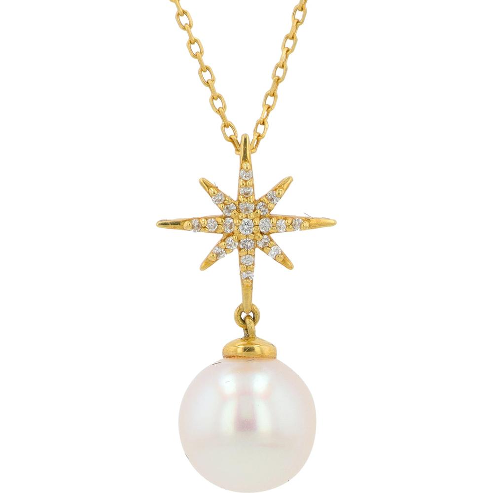 18K Yellow Gold Celestial Star Pendant Necklace with 8.5mm Pearl and 0.058 Carats Total Diamond Weight