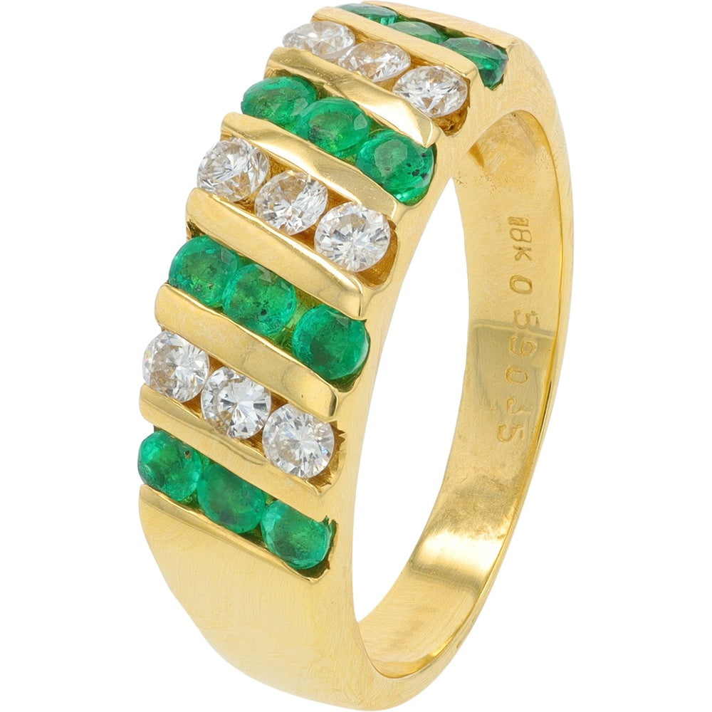 18K Yellow Gold Channel-Set Band with Round Emeralds and Diamonds - 0.59 Carat Total Emerald Weight and 0.35 Carat Total Diamond Weight