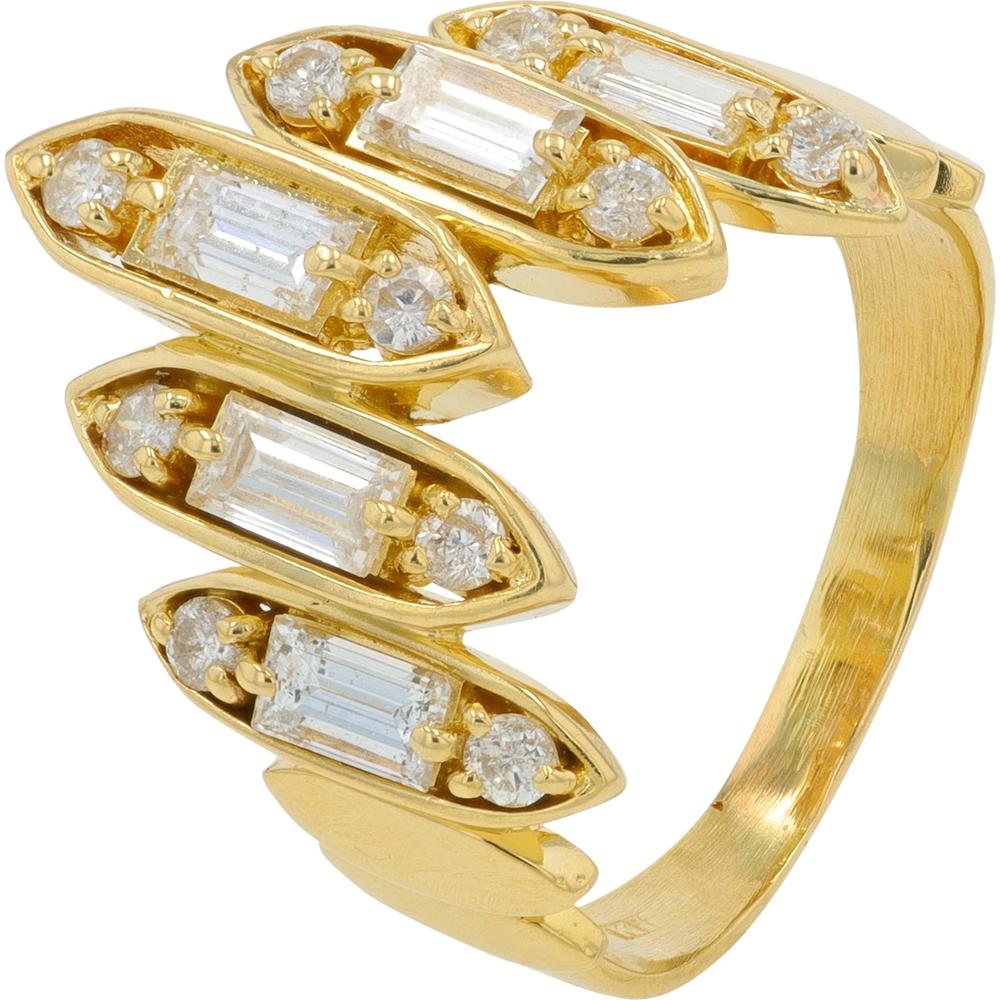 18K Yellow Gold Chevron Ring with 1.07 Carat Total Diamond Weight - Baguette and Round Diamonds