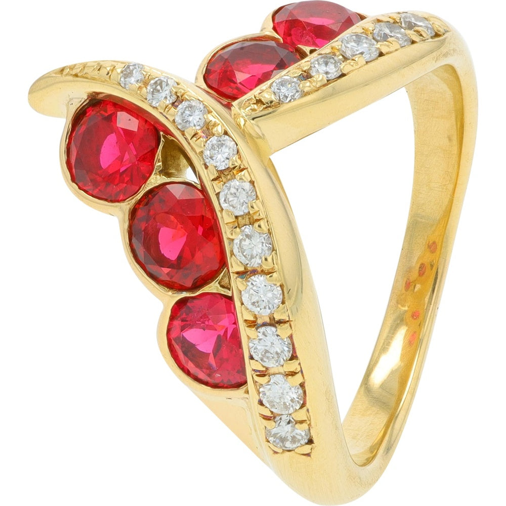 18K Yellow Gold Chevron Ring with Pavé-Set Diamonds and 1.34 Carat Vivid Red Spinel Gemstones - Size 5.25