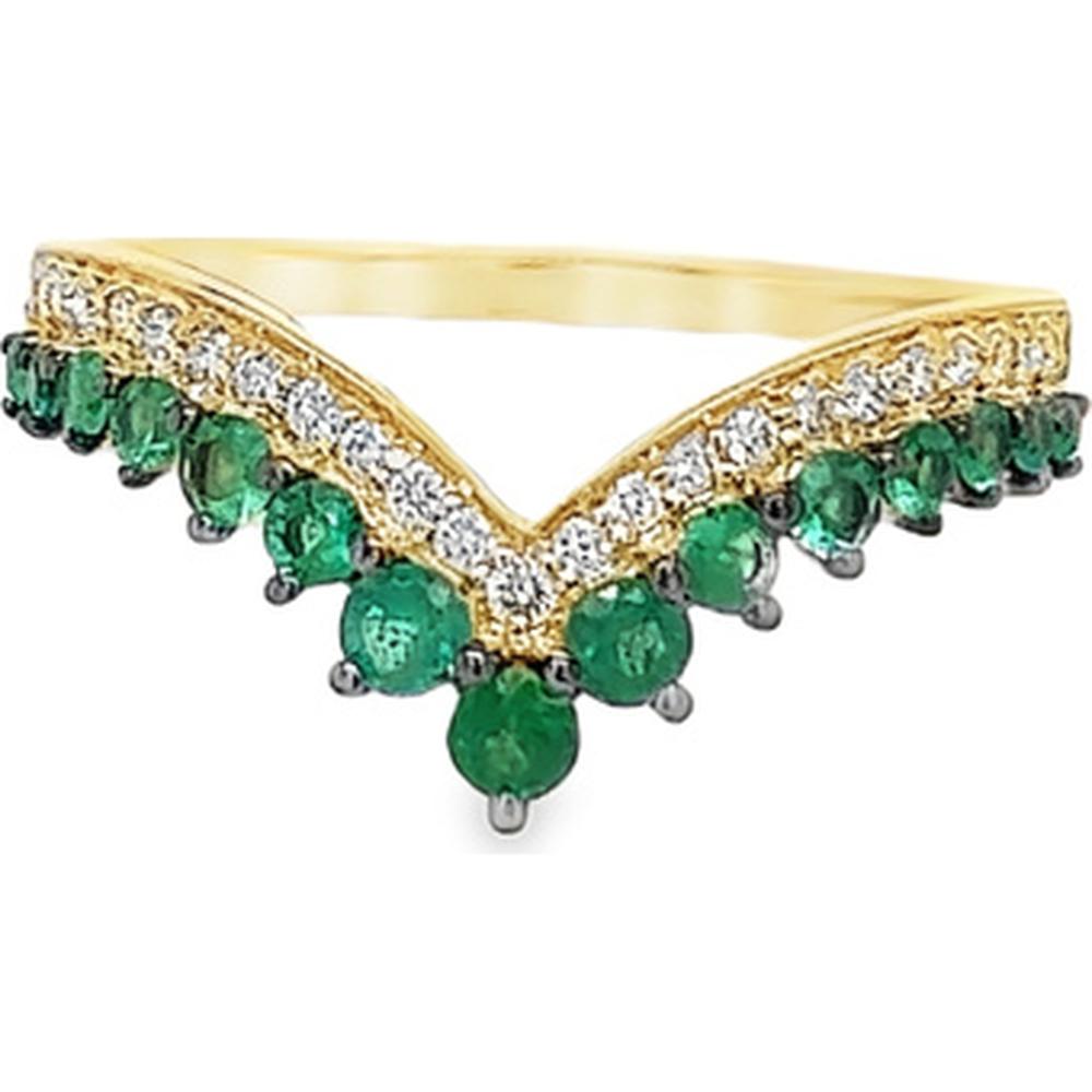 18K Yellow Gold Chevron Ring with Round Emeralds and Diamond Accents by Afarin