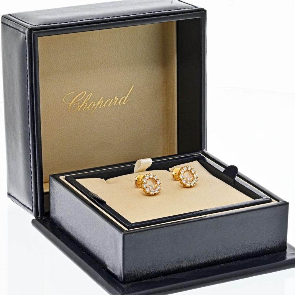 18K Yellow Gold Chopard Happy Diamond Stud Earrings with Floating Diamonds - 1.20 Carats Total Diamond Weight