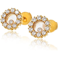 18K Yellow Gold Chopard Happy Diamond Stud Earrings with Floating Diamonds - 1.20 Carats Total Diamond Weight