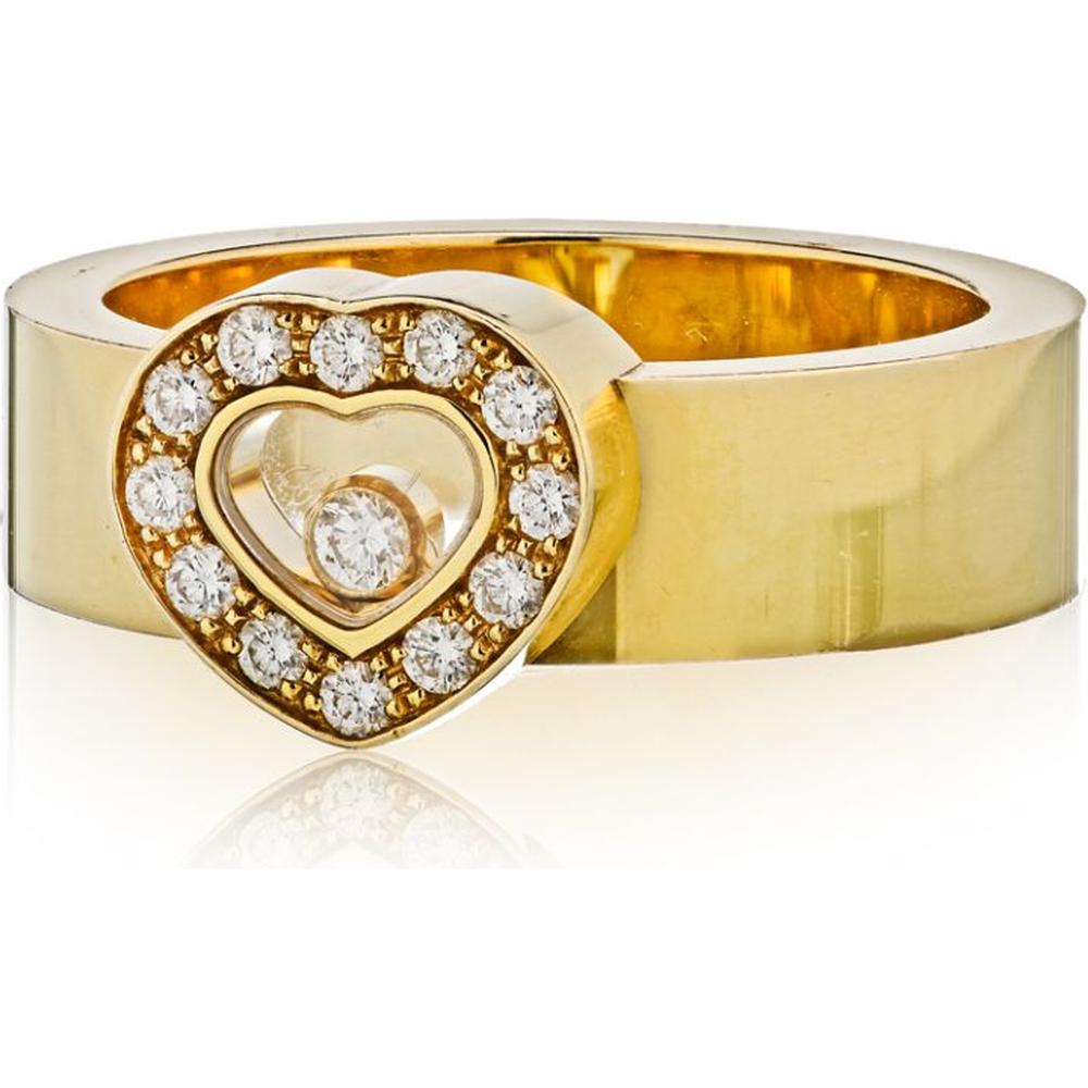 18K Yellow Gold Chopard Happy Diamonds Heart Ring with Floating Round Diamond and Diamond Halo - 0.29 Carats Total Diamond Weight