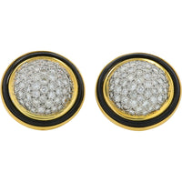 18K Yellow Gold Clip-On Earrings with Round Diamond Pavé Domes and Black Onyx Halo - 5.50 Carat Total Diamond Weight