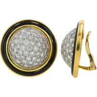 18K Yellow Gold Clip-On Earrings with Round Diamond Pavé Domes and Black Onyx Halo - 5.50 Carat Total Diamond Weight