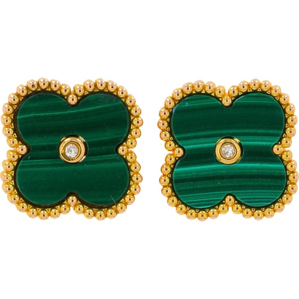 18K Yellow Gold Clover Earrings with Malachite and Center Diamond Accents - Fine Jewelry