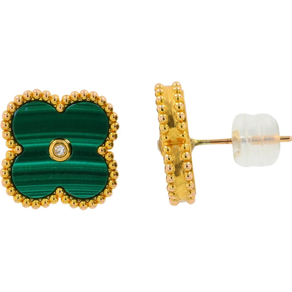 18K Yellow Gold Clover Earrings with Malachite and Center Diamond Accents - Fine Jewelry